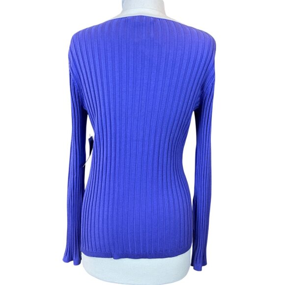 Cable & Gauge Long Sleeve Purple Ribbed Knit V-Neck White Tipped Cardigan LG NWT - Picture 5 of 8